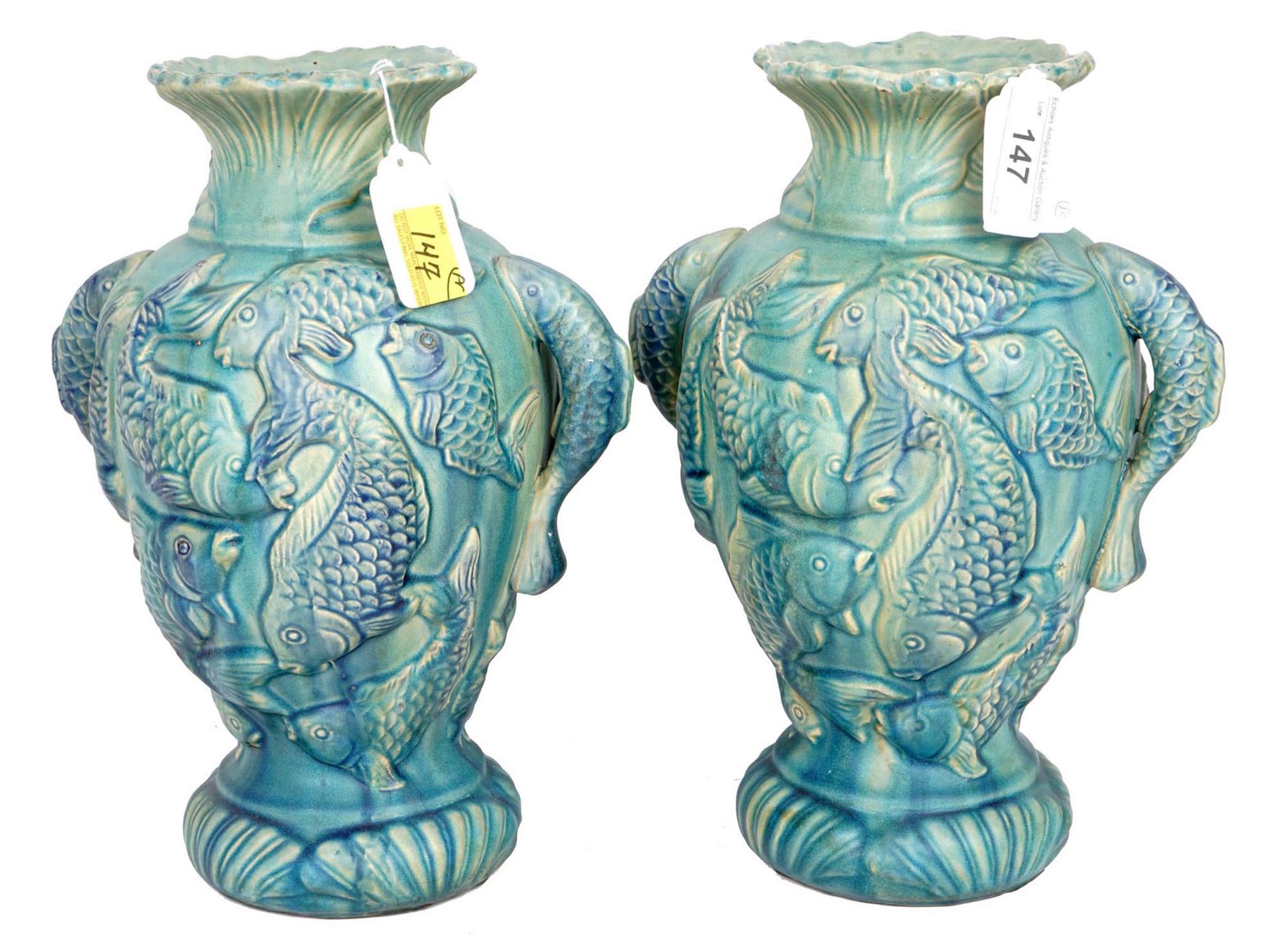 TWO LARGE JAPANESE CERAMIC VASES WITH FISH RELIEF PIC-0